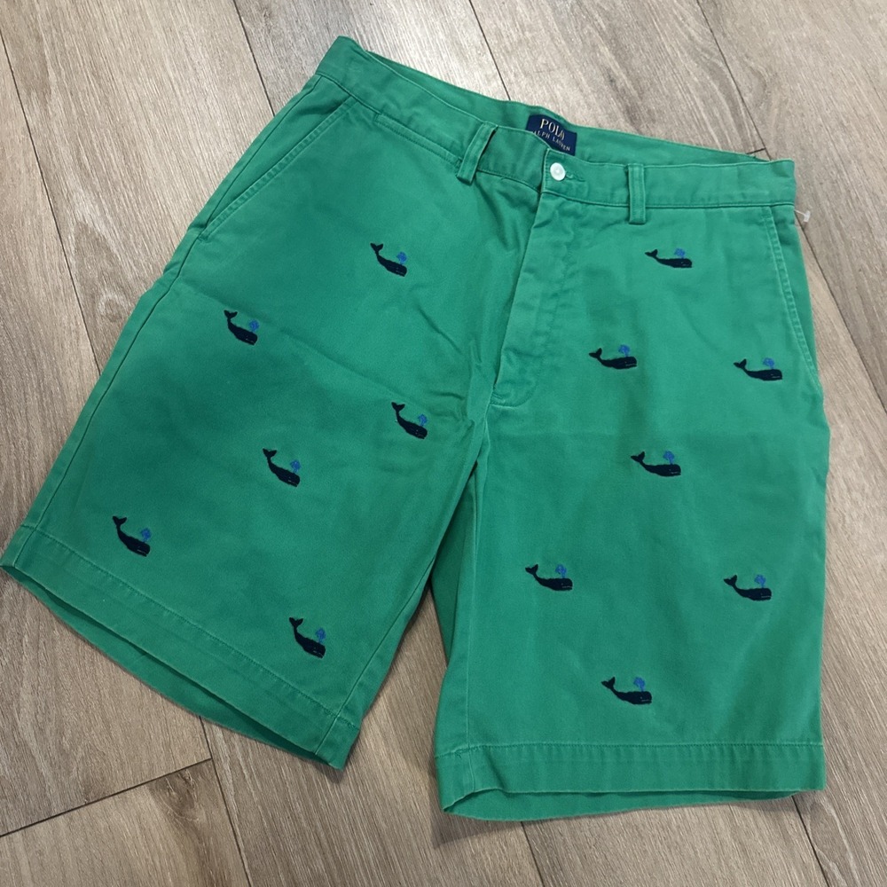 Polo Ralph Lauren Whale All Over Embroidered Shorts Men's 32 Green Chino 9"‎